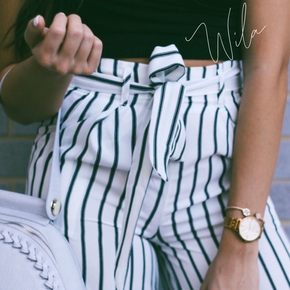Pants - Striped wide leg pants white black tie belt